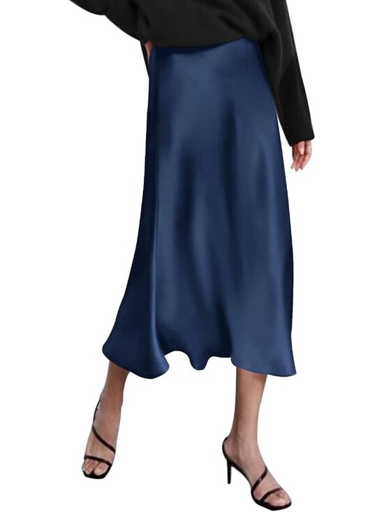 Dresses & Skirts - Women's Navy Blue High Waisted Satin Dress Zipper Silky Slip A-Line Midi Skirt